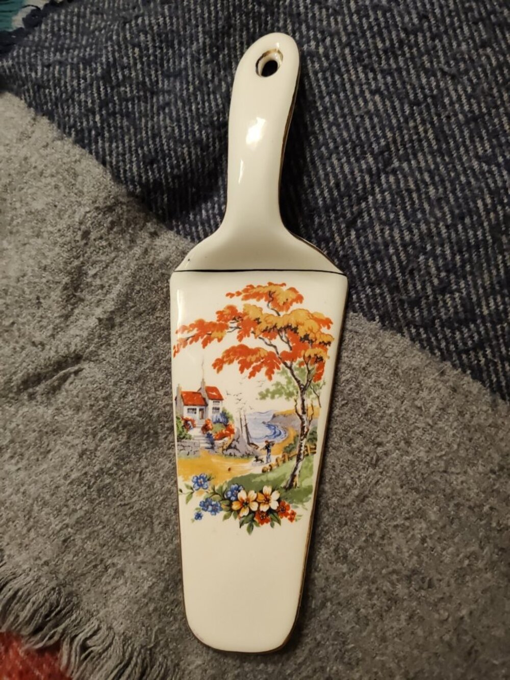 Antique H&K Tunstall Cake Server Fall Scene Man Dog England